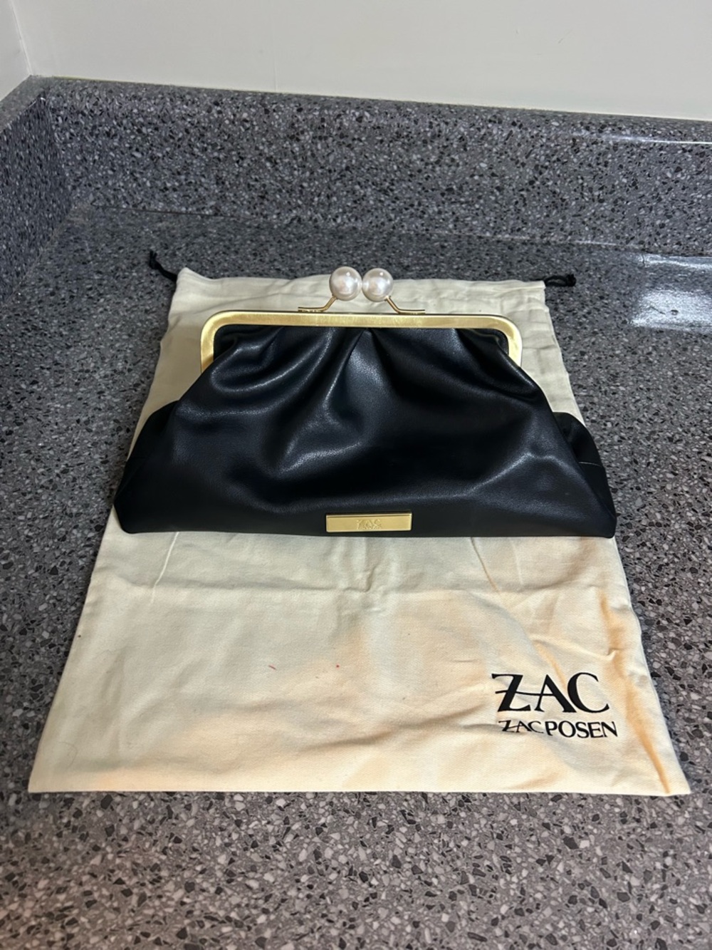 ZAC Zac Posen Black Clutch with Gold Frame and Pearl Kiss-Lock